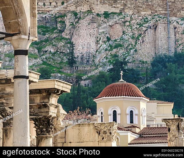 Exterior view of emperor adrian library ruins and acropolis, athens, greece