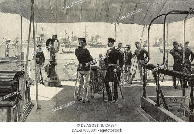 Umberto I and Prince Henry of Prussia attending the great naval manoeuvres on the Royal Yacht Savoy, Italy, engraving after a drawing by Gennaro Amato