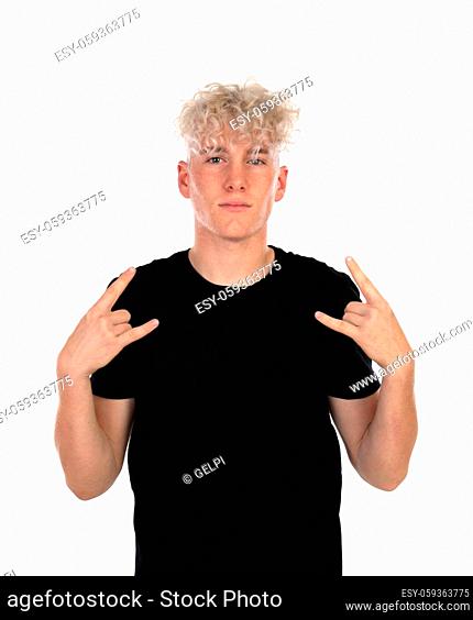 Cool guy with curly blond hair wearing a black T-shirt isolated on a white background
