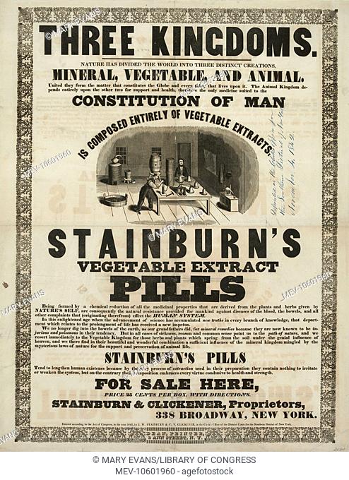 Three kingdoms. Broadside advertisement for Stainburn's Vegetable Extract Pills showing the interior of a workshop manufactoring pills from vegetable extracts