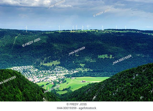 Wind farm on the mountains Mont Soleil and Mont Crosin, near the village St-Imier, Switzerland