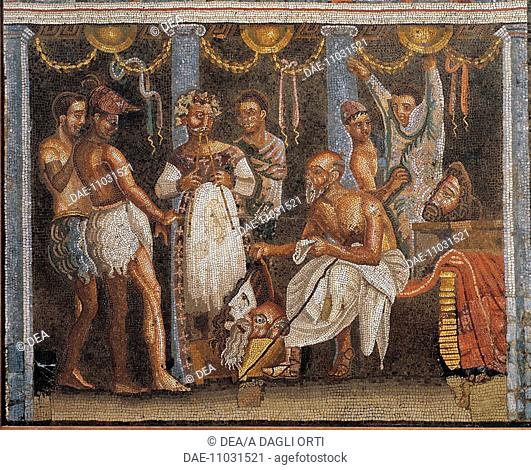 Roman civilization, 1st century A.D. Mosaic depicting the staging of a show in a theatre. From the House of the Tragic Poet in Pompeii