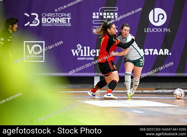 Yasemin Cagla In (4) of Belgium and Siobhan Bell (3) of North-Ireland pictured during a futsal game between Belgium called Red Flames Futsal and North-Ireland