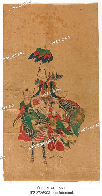 Daoist Immortal on a Kilin and Two Attendants, late 1800s. Creator: Unknown