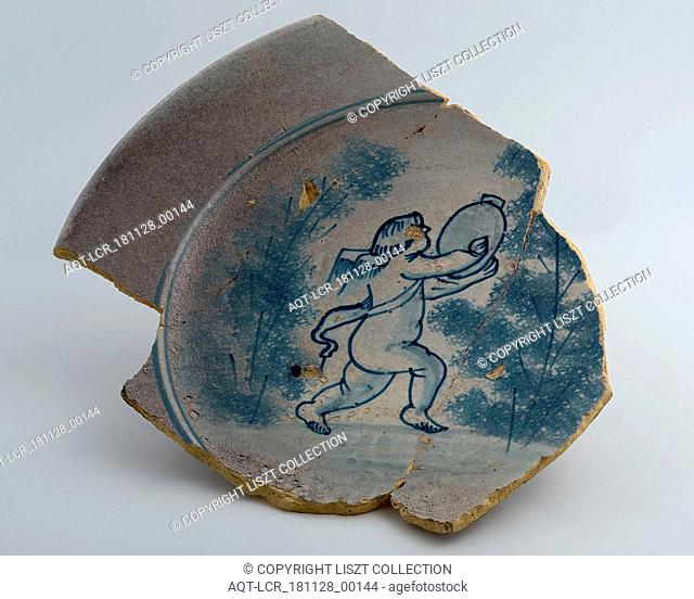 Fragment of the dish, yellow shard, decorated in white and blue, with representation of putto with jug, dish crockery holder soil find ceramic earthenware glaze...