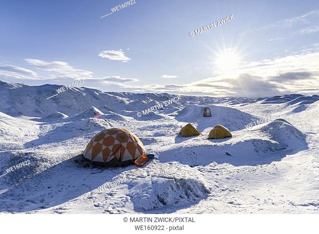 Camp on the ice cap. Landscape on the Greenland Ice Sheet near Kangerlussuaq. America, North America, Greenland, Denmark