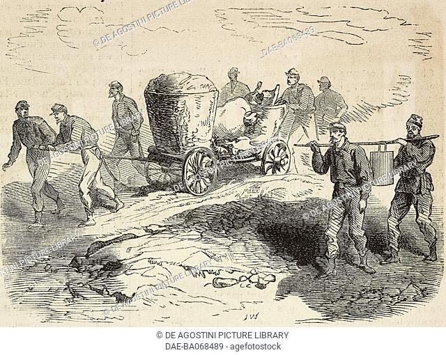 Garibaldines soldiers engaged in morning chores, Messina, Italy, Expedition of the Thousand, from a sketch by Duvaux, illustration from L'Illustration