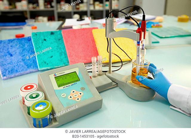 Selective electrode pH meter and samples of coloured cement for study of colour effects, microencapsulation and chemical preparation laboratory