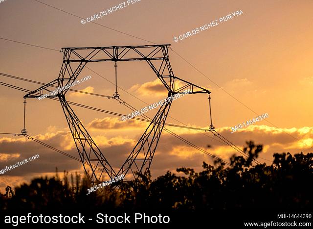 Towers of high voltage cables in an autumn sunset in the fields of the Penedes region in the province of Barcelona