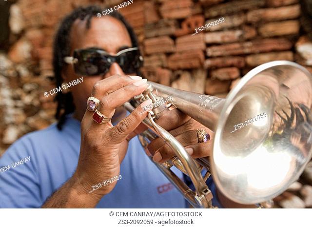 Cuban musician playing trumpet, Trinidad, Cuba, Antilles, Central America