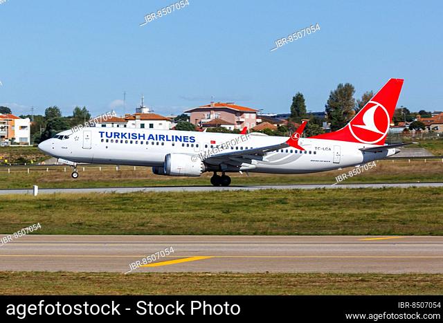 A Turkish Airlines Boeing 737 MAX 8 aircraft with registration TC-LCA at Porto Airport, Portugal, Europe