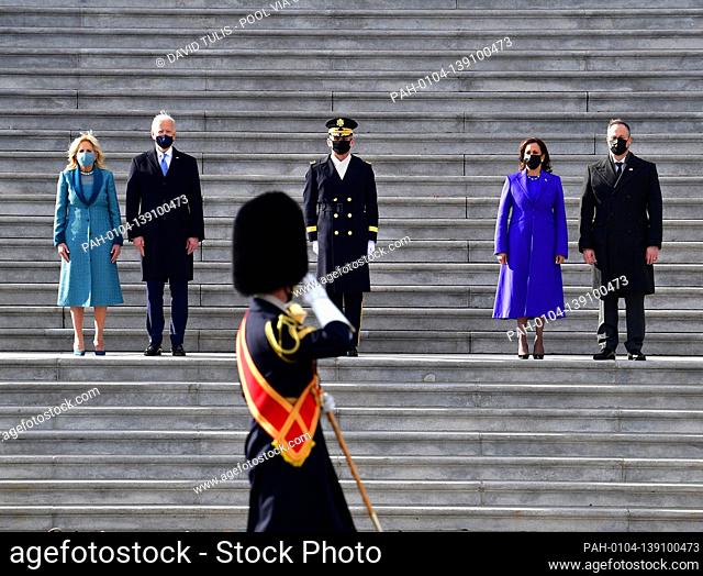 President of the United States Joe Biden, First Lady Jill Biden U.S. Vice President Kamala Harris First Gentleman Douglas Emhoff stand on the east steps of the...