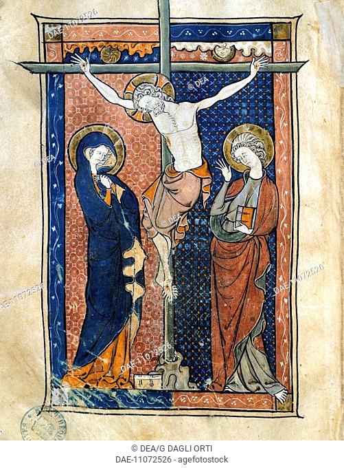 Jesus: Crucifixion, miniature, France 13th-14th Century.  Troyes, Bibliothèque Municipale De Troyes