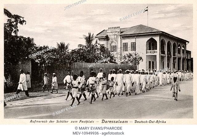 Parade of students to a festival site, Dar-es-Salaam, German East Africa (now Tanzania)