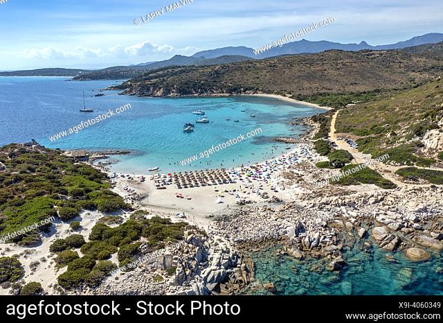 Aerial view of Punta Molentis Beach near the popular resort town of Villasimius in Sardinia