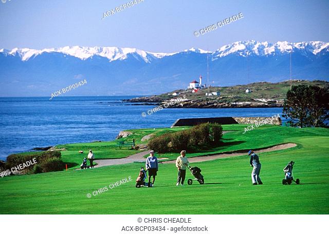 Victoria Golf Course with the Olympic Peninsula mountains and Trial Island, Victoria, Vancouver Island, British Columbia, Canada