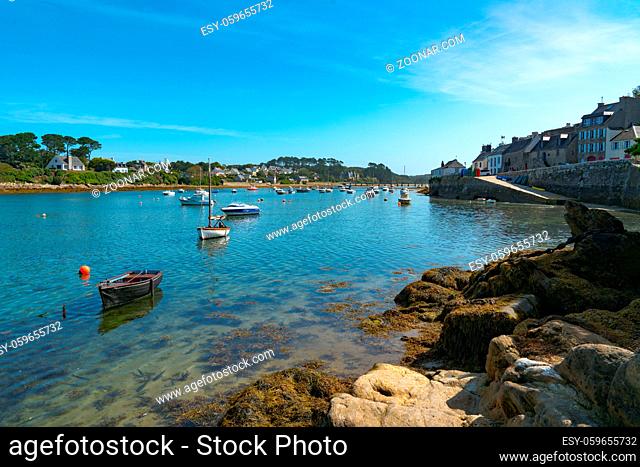 Le Conquet, Finistere / France - 22. August, 2019: the old harbor and port of La Conquet on the Brittany coast in France