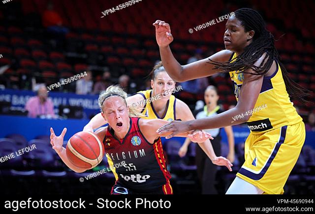 Belgium's Julie Allemand and Bosnia's Jonquel Jones fight for the ball during a basketball game between Belgium's national team the Belgian Cats and Bosnia and...