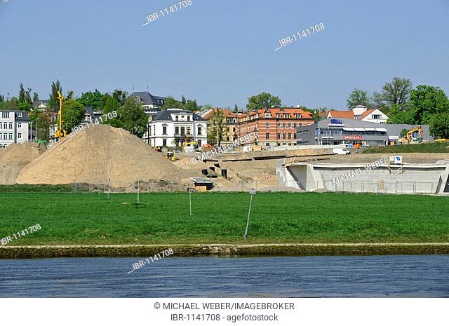 Construction site Waldschloesschen Bridge, for crossing the Elbe River, Dresden, Free State of Saxony, Germany, Europe