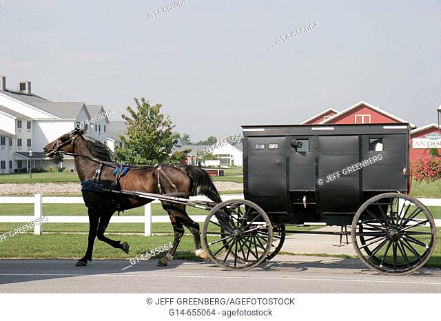 State Road 5, horse-drawn Amish buggy. Shipshewana. Indiana. USA