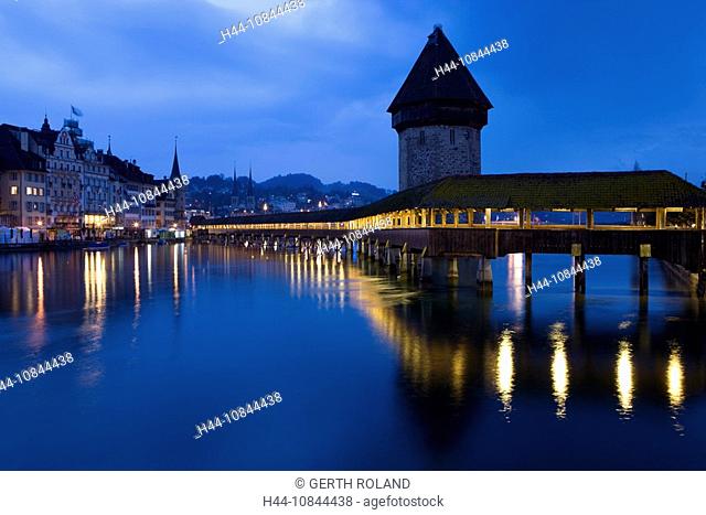 Switzerland, Europe, Lucerne city, Chapel bridge, Covered bridge, Landmark, Architecture, Bridge, Lake Lucerne, river