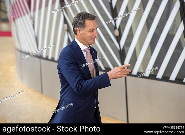 Prime Minister Alexander De Croo gestures as he arrives for a special meeting of the European council, at the European Union headquarters in Brussels