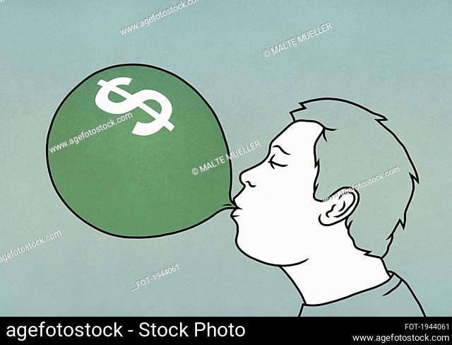 Man inflating dollar sign balloon