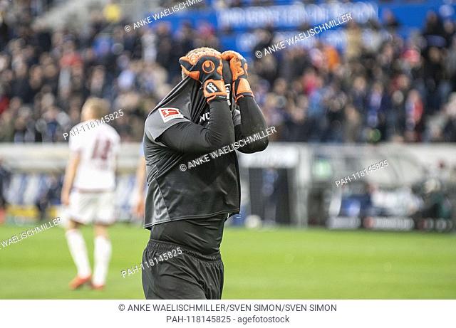 frustrated at goalkeeper Christian MATHENIA (N) after goal to 2: 1, Soccer 1.Bundesliga, 25.matchday, TSG 1899 Hoffenheim (1899) - FC Nuremberg (N) 2: 1, on 10
