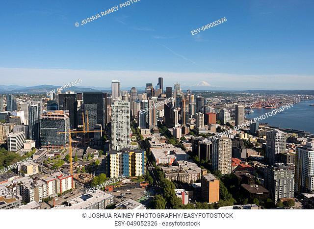 Seattle, WA - June 4, 2019: View of downtown Seattle Washington as seen from the top of the Space Needle