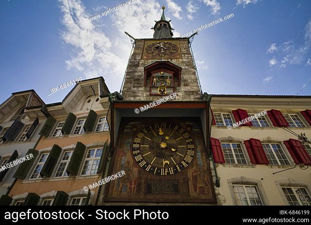 Astronomical clock at the Zeitglockenturm, also called Red Tower, Märetplatz, Marktplatz, Solothurn, Switzerland, Europe