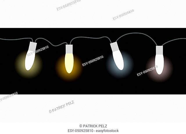 vector illustration of seamless light bulbs string with different colors isolated on black background