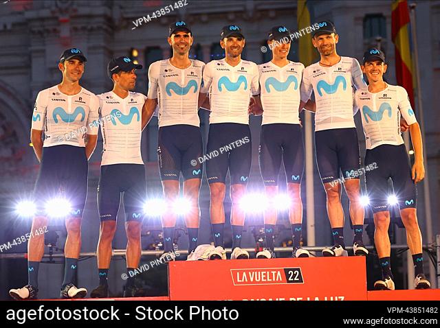 +Movistar Team riders pictured during the podium ceremony after the final stage of the 2022 edition of the 'Vuelta a Espana', Tour of Spain cycling race