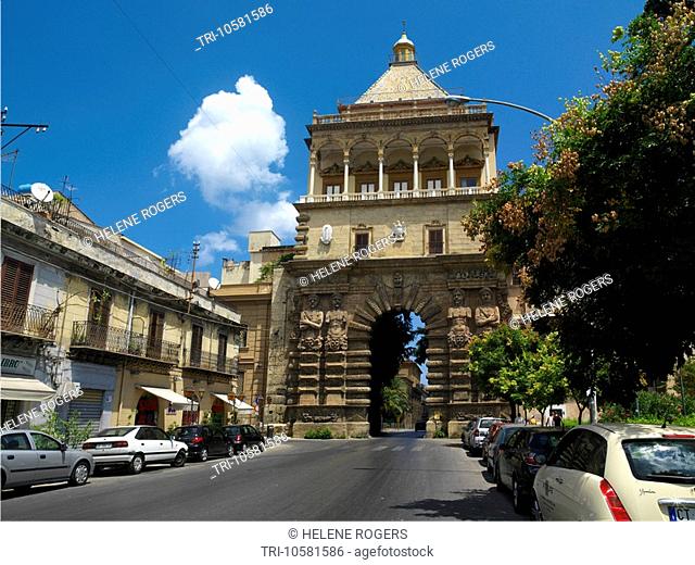 Palermo Sicily Italy Porta Nuova Side Facing Piazza Indipendenza The four huge moors two with their arms cut off and two with their arms folded across their...