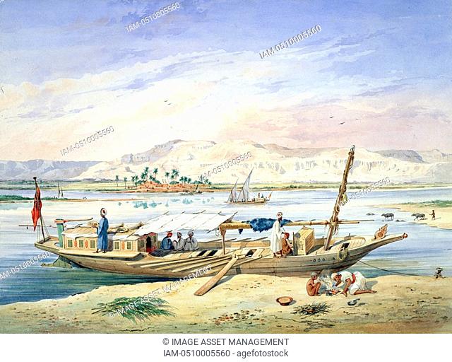 JWP's kanja moored beside the East bank of the Nile at Luxor', 1838-1843. Watercolour. Emile Prisse d'Avennes, 1807-1879 French architect
