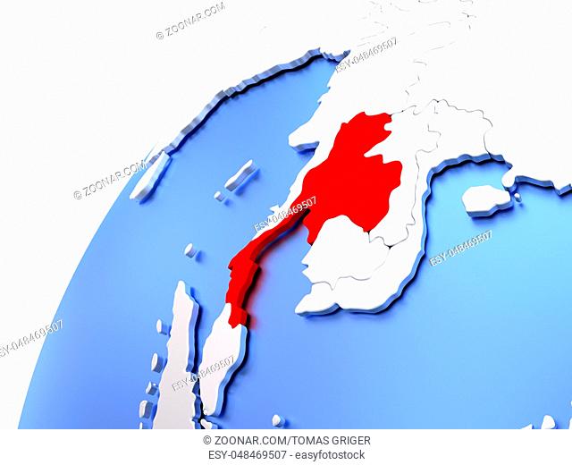 Map of Thailand in red on elegant modern metallic globe. 3D illustration