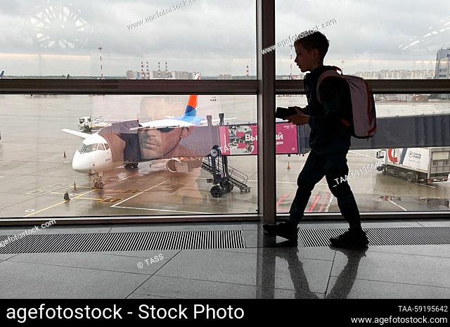 RUSSIA, MOSCOW - MAY 19, 2023: An Azimuth flight to Tbilisi prepares to depart from Vnukovo International Airport. On May 10