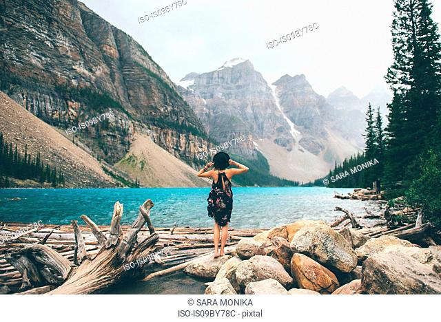 Woman enjoying view, Moraine Lake, Banff, Canada
