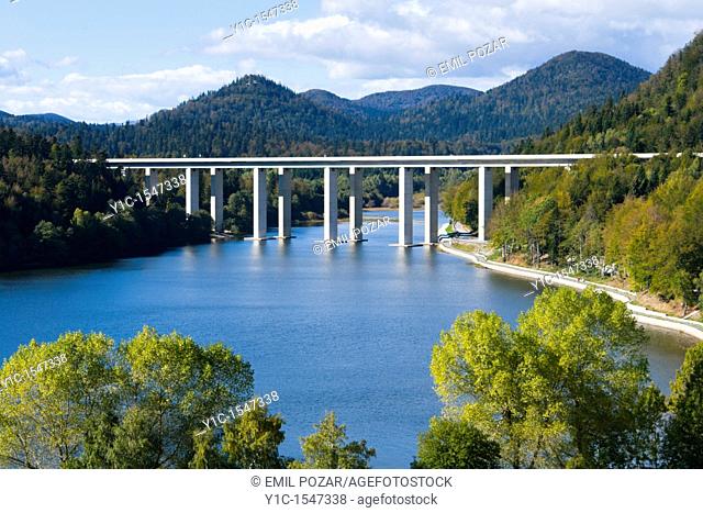 Highway viaduct over Bajer lake near Fuzine in Croatia