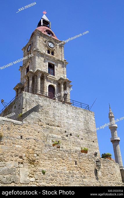 Medieval Roloi Clock Tower, Rhodes Old Town, Rhodes, Dodecanese Island Group, Greece