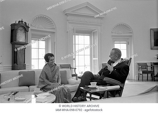 Indira Gandhi with President Lyndon Johnson of the USA, meet in Washington 1968. Indira Gandhi (1917 – 1984) Indian politician and Prime Minister of India from...