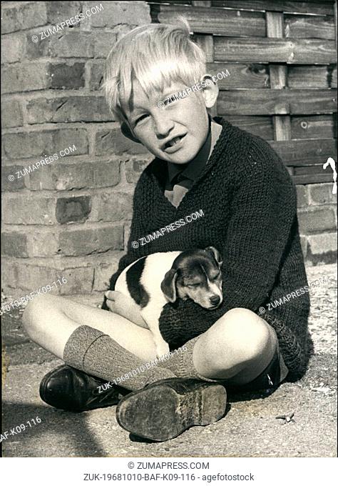 Oct. 10, 1968 - hole-in-heart boy gets new dog.: Hole-in-heart boy Colin Tompkins, pictured yesterday with a Jack Russell Terrier puppy