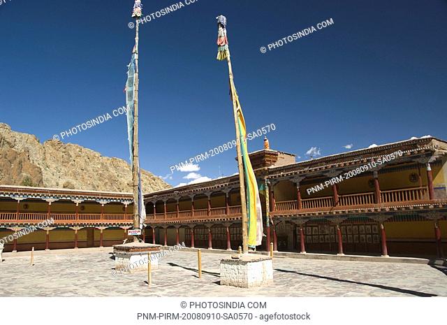 Prayer flags in front of a monastery, Hemis Monastery, Hemis, Ladakh, Jammu and Kashmir, India