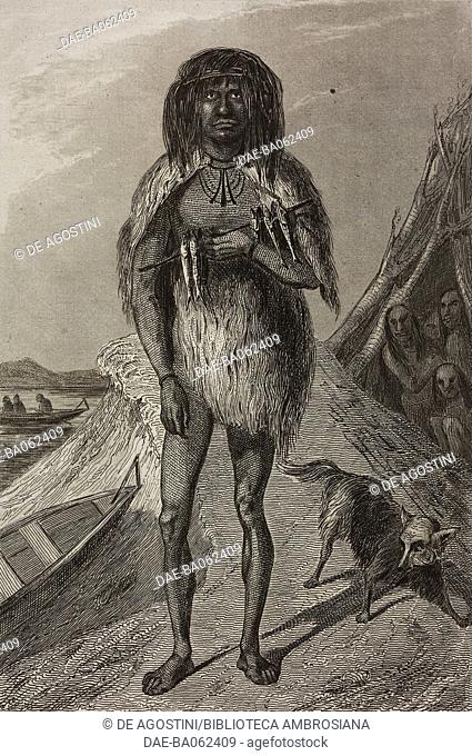 Fuegian, inhabitant from Tierra del Fuego, engraving by Vernier from Chili, Paraguay, Buenos-Ayres, by Cesar Famin, Patagonie