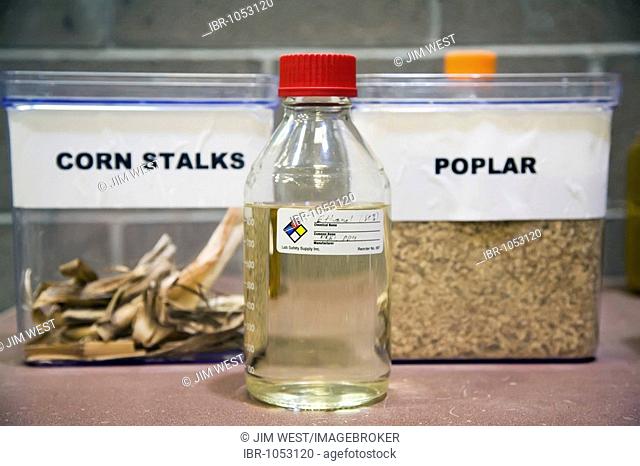 A bottle of ethanol and some of the materials ethanol can be made of at the National Renewable Energy Laboratory, operated by the US Department of Energy