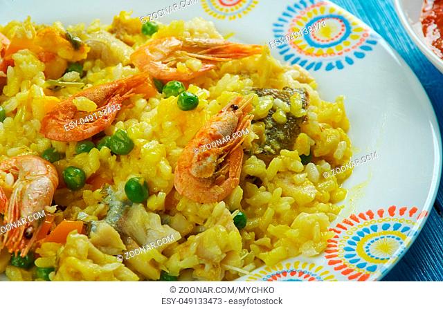 Mediterranean cuisine. Paella Valenciana with seafood :, Top view