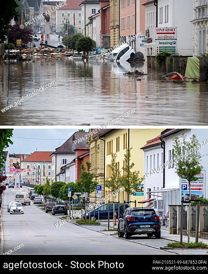 21 May 2021, Bavaria, Simbach Am Inn: KOMBO - The image combo shows a part of the town affected by the flood (top archive image from 02.06
