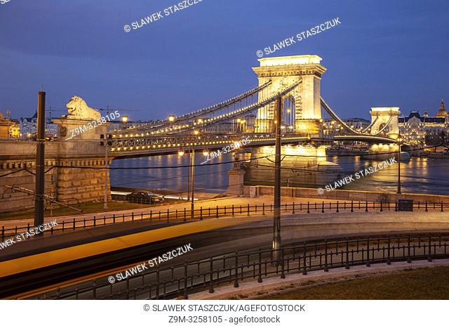 Evening the Chain Bridge across the Danube in Budapest, Hungary