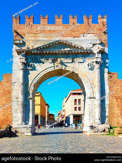 Arch of Augustus - Gate in the old town of Rimini, Italy. It was built in 27 BC and it is the oldest Roman arch which survives