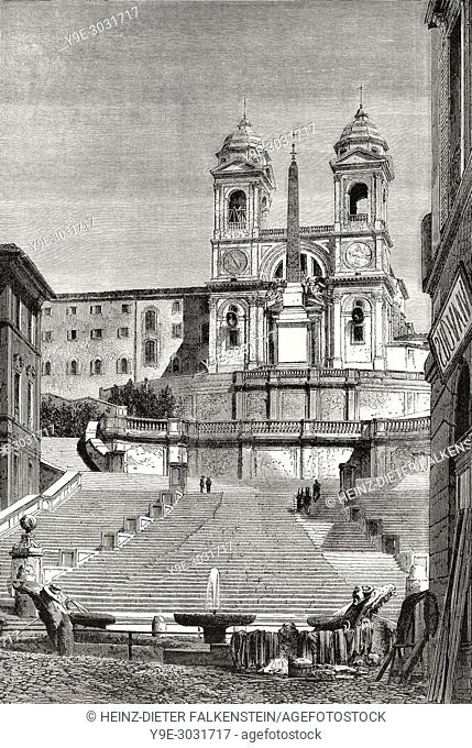 The Spanish Steps, TrinitÃ  dei Monti church at the top, Rome, Italy, 19th Century
