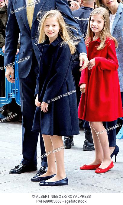 Princess Leonor and Princess Sofia of Spain leave the La Seu Cathedral in Palma de Mallorca, on April 16, 2017, after attending the Easter Mass Photo : Albert...